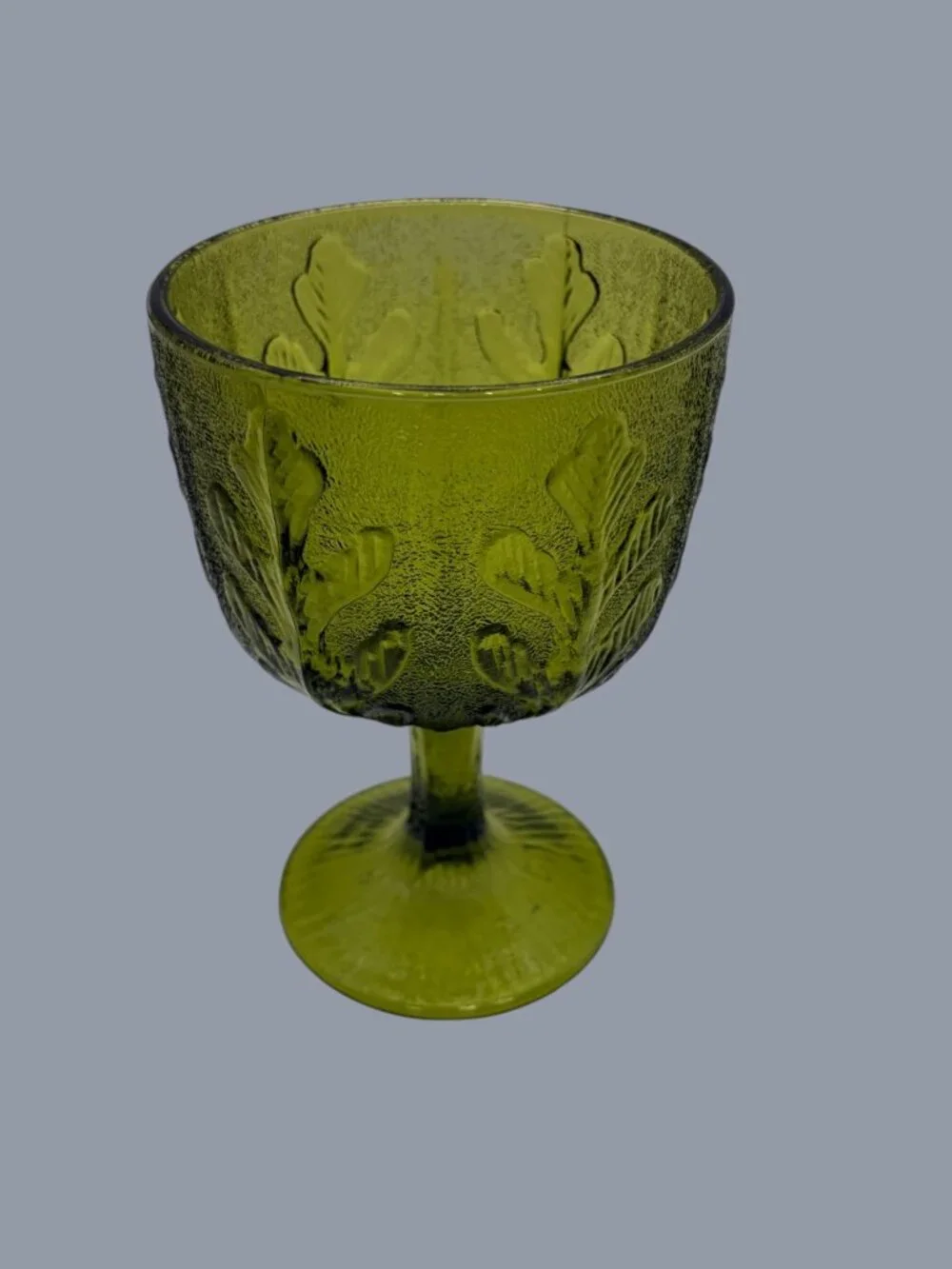 Vintage 1975 FTD Avocado Green Embossed Leaf Goblet Vase Glass Pedestal Cup